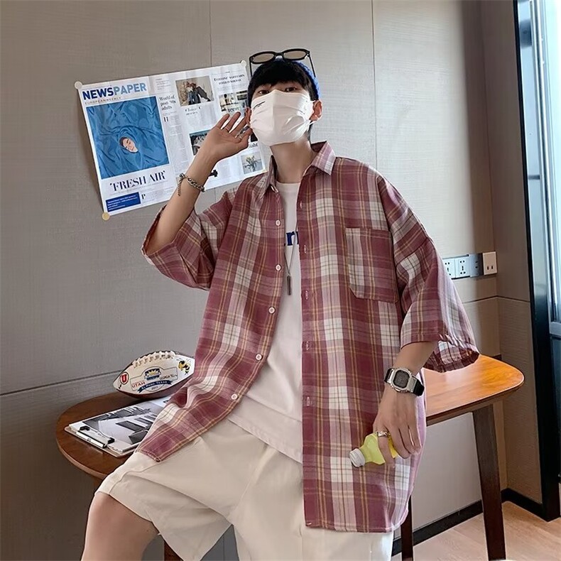衬衫男短袖学院风格子文艺帅百搭2024秋夏新款ins衬衣CY633-P30,男装衬衫,星座412-3