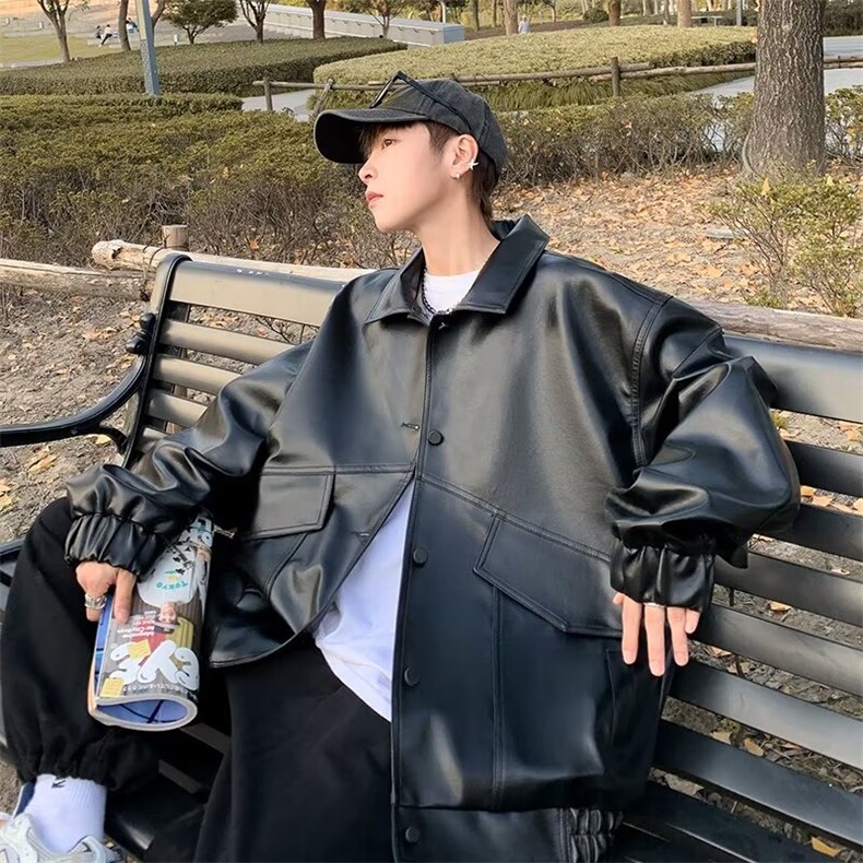 复古青年软皮衣男宽松韩版翻领机车服潮牌飞行员皮夹克LW27P70,男装夹克,星座1116-2