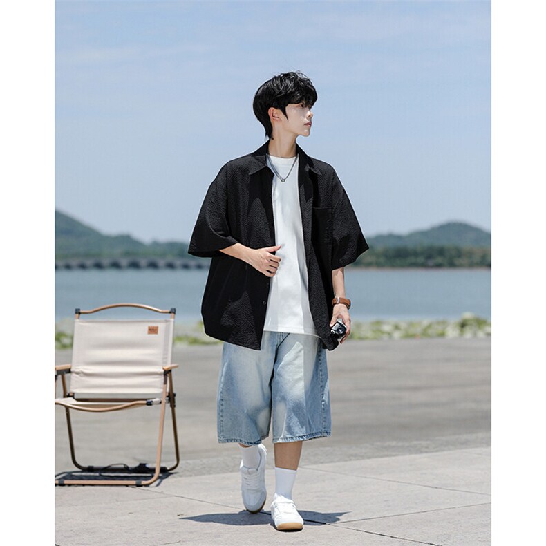 8XL-M泡泡纱盐缩肌理短袖衬衫男夏季冰丝外套防晒衬衣DC28011P36图片
