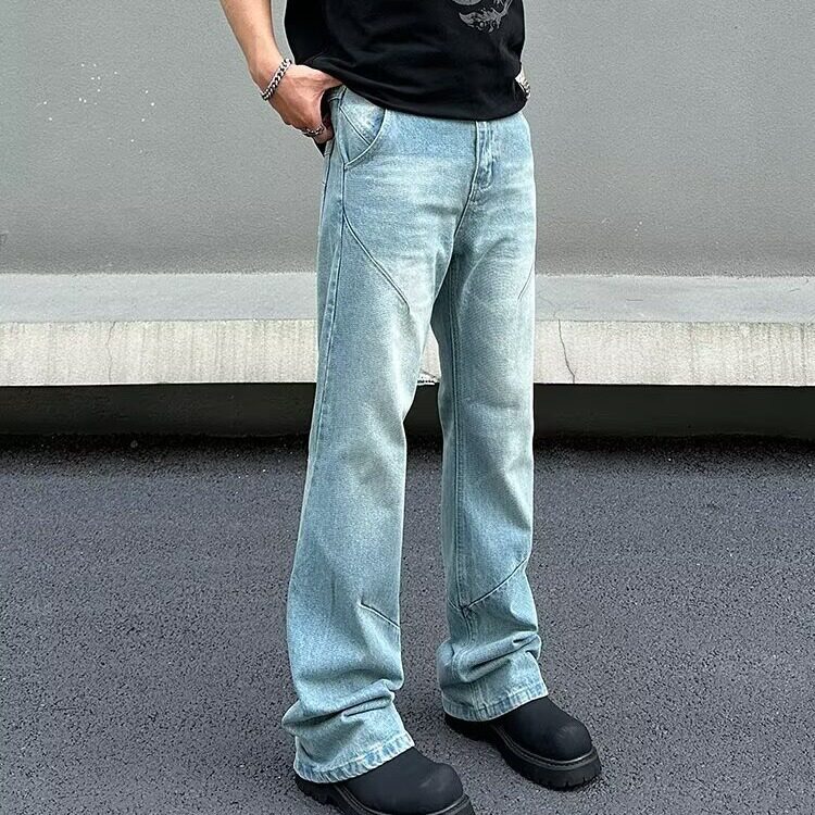 2025美式复古做旧冰蓝色微喇显瘦牛仔裤男女宽松直筒百搭高街裤,男装牛仔裤,星座506A