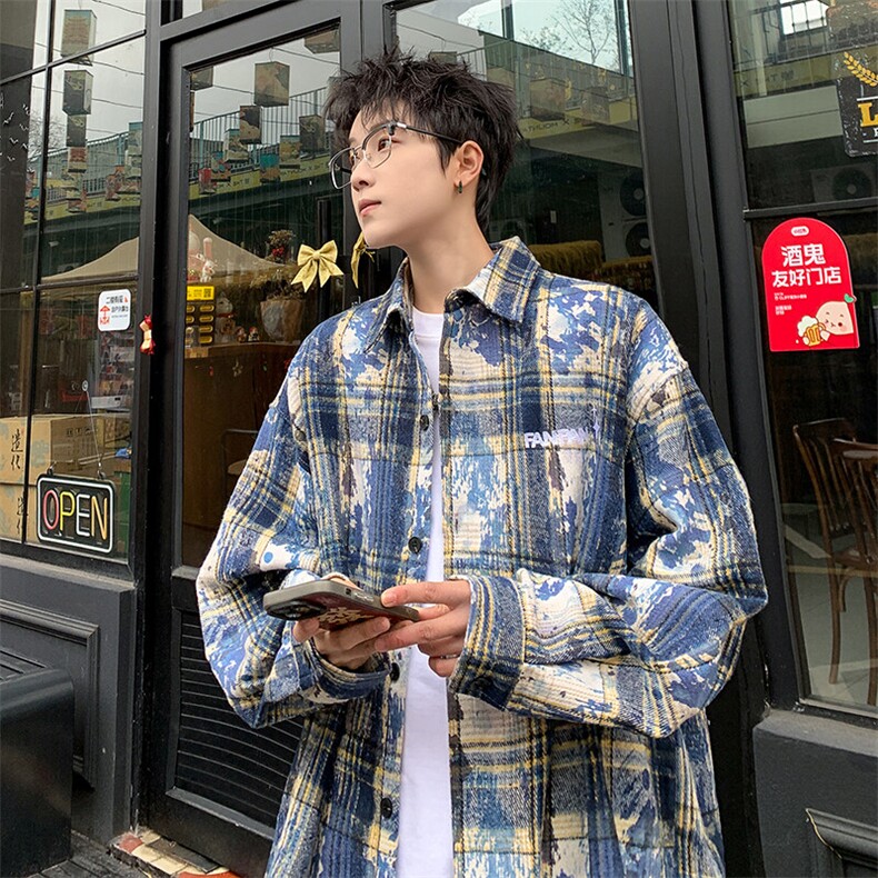 衬衫男秋季新款港风宽松扎染刺绣格子长袖衬衣CS3098-特P30无差价,男装衬衫,星座214-3