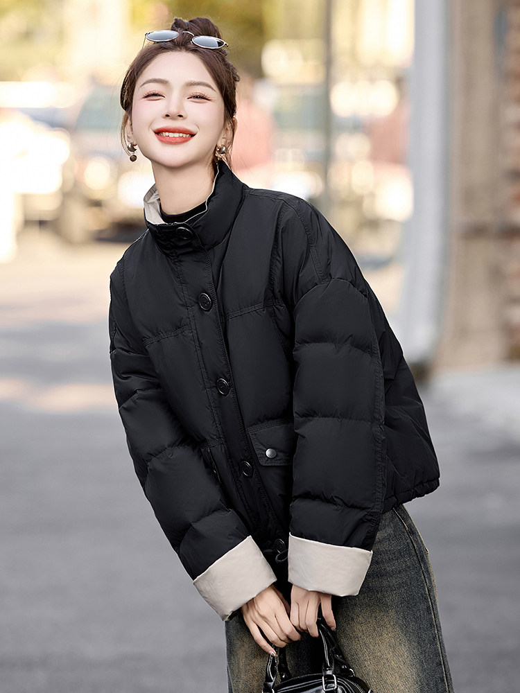 设计感针织拼接短款羽绒服女2025年冬季新款小个子加厚韩版面包服,女装羽绒服,美沁
