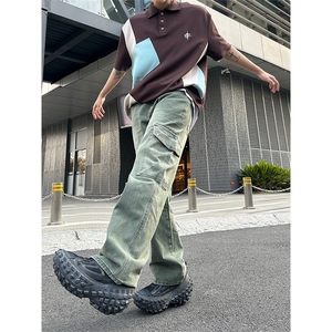 美式高街vibe风直筒长裤欧美痞帅男hiphop复古水洗拼接工装牛仔裤图片
