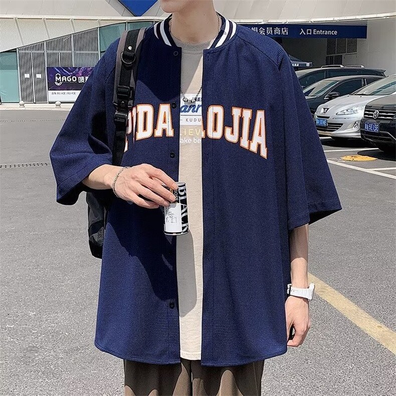 美式棒球服衬衫男短袖青少年华夫格重磅衬衣夏季薄款外套五分袖男，男装T恤，星座715-4