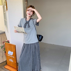 灰色气质减龄格纹拼接T恤半身裙套装两件套女夏学院风穿搭一整套，女装套装/套裙，2C135