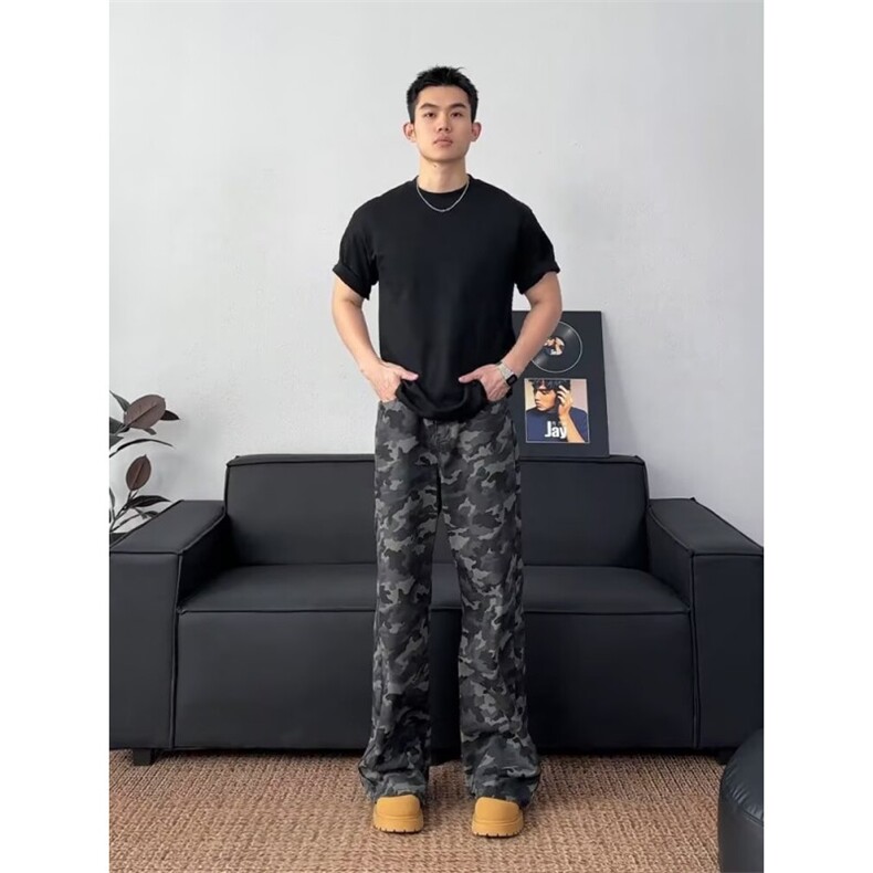 水洗做旧迷彩高街阔腿牛仔裤直筒宽松拖地工装裤K83056-P42网络图,男装牛仔裤,电商B245