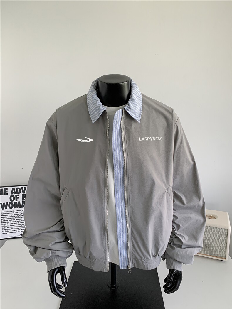 JK715-尺码M-3XL-P55-美式复古绣花假两件翻领棒球服夹克外套,男装夹克,星座1811B