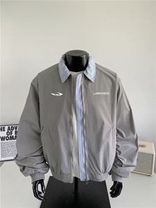 JK715-尺码M-3XL-P55-美式复古绣花假两件翻领棒球服夹克外套图片