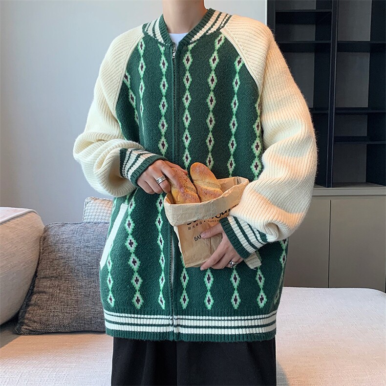 秋款男V领开衫毛衣扎染菱形条纹印花针织衫外套M0102P50,男装针织衫/毛衣,星座1013-1