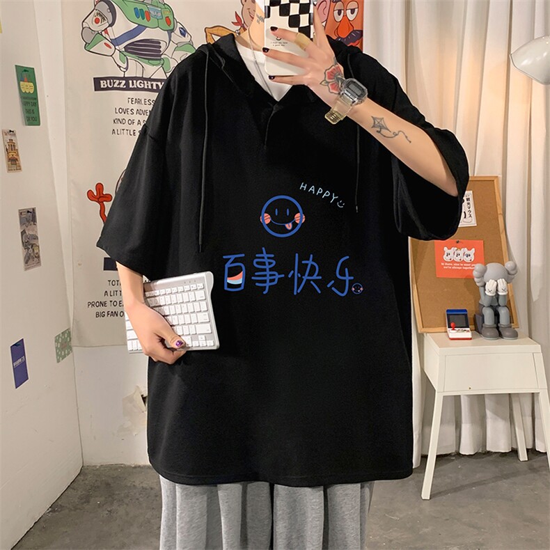 LD54183-P45连帽短袖t恤男大码胖子带帽五分袖中袖海报风,男装T恤,电商A040