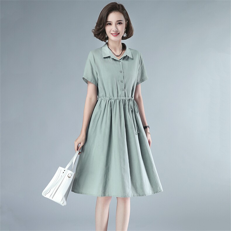 2021年夏季排扣中长款POLO领短袖纯色妈妈连衣裙纯棉韩版裙子,女装连衣裙,伊满意