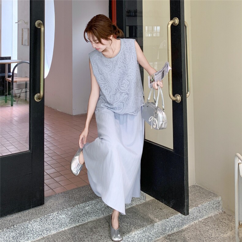 法式灰蓝色蕾丝背心半身裙套装女夏2025新款两件套夏日漂亮巨好看,女装套装/套裙,2C236