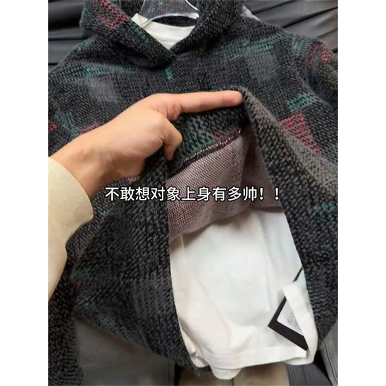 美式复古针织连帽卫衣痞帅设计感加厚重磅格子情侣外套LW2488-P65,女装短外套,星座1008