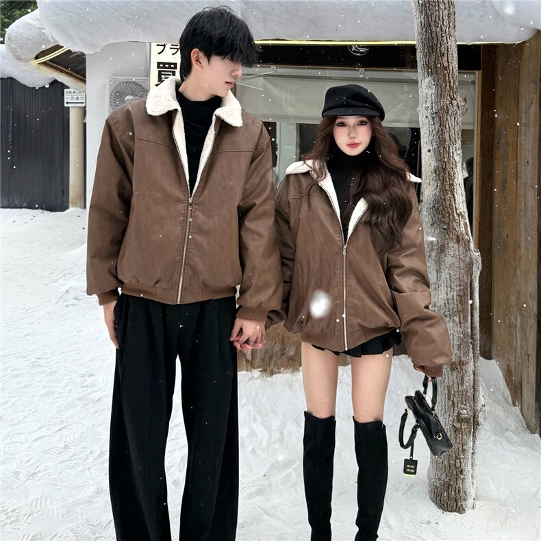 网图美式PU皮羊羔绒夹克棉服情侣夹棉皮衣保暖翻领棉衣KY1818-P78,男装夹克,电商A025