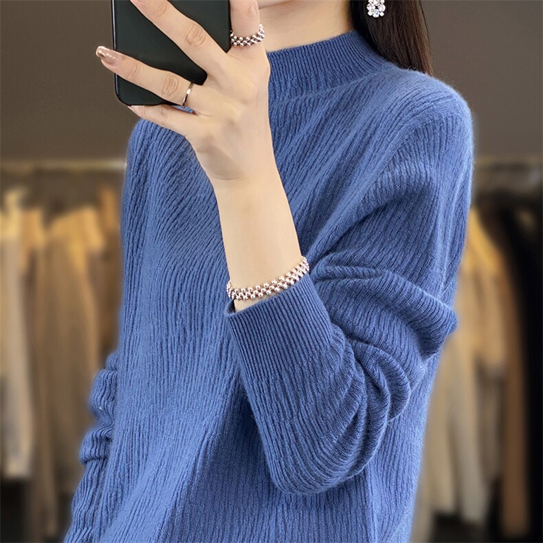 2024年秋季新款水波纹半高领女装羊毛毛衣,女装羊毛衫,北娇羊绒