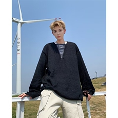 纯色镂空V领设计长袖t恤男夏秋季薄款针织衫潮牌打底衫X048/P45，男装T恤，星座506