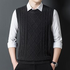 春季新款无袖毛衣中年男士V领商务休闲宽松马甲套头针织坎肩上衣图片
