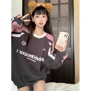 QC028-P55 秋季宽松显瘦上衣字母刺绣撞色美式复古拼接长袖卫衣女图片