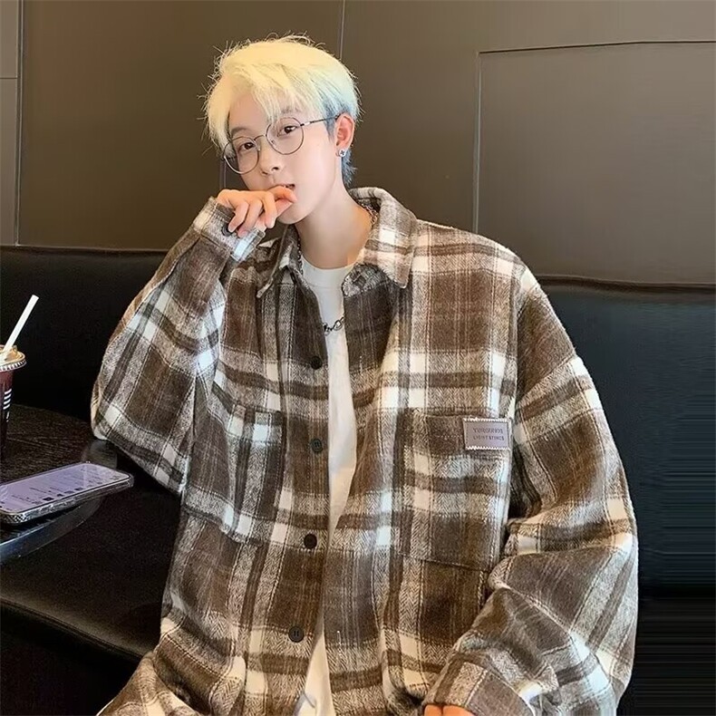 SS34撞色洋气格子磨毛衬衫外套男女新款韩版中长款中性开衫上衣图片