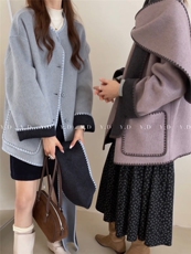 韩系双色两面穿围巾领小个子中长款宽松羊毛外套(配围巾，女装双面呢大衣，依嘟服饰