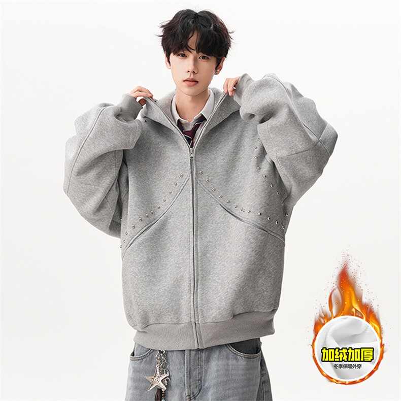 480G重磅加绒硬挺boxy男女秋冬美式高街卫衣铆钉拼接开衫厚外套，女装短外套，电商A486