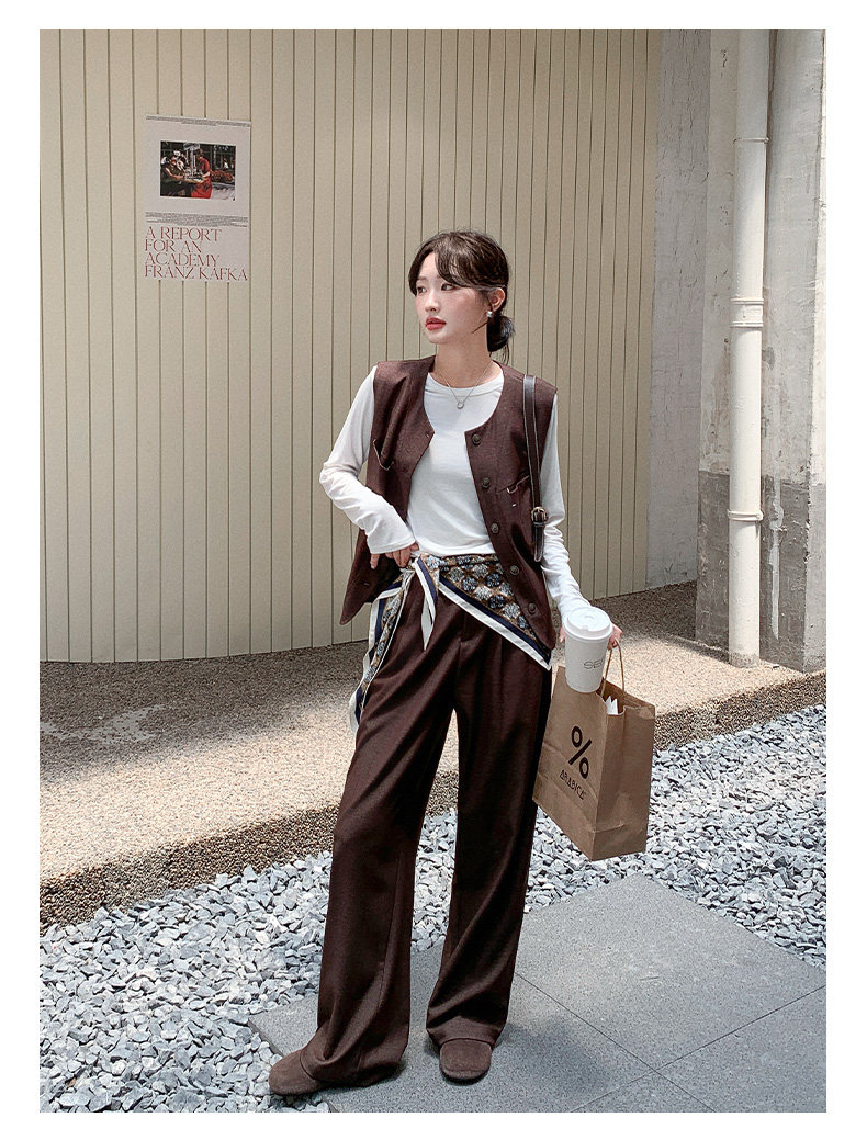 韩系松弛感穿搭套装美拉德老钱风咖色马甲阔腿裤两件套秋,女装套装/套裙,浙宝139