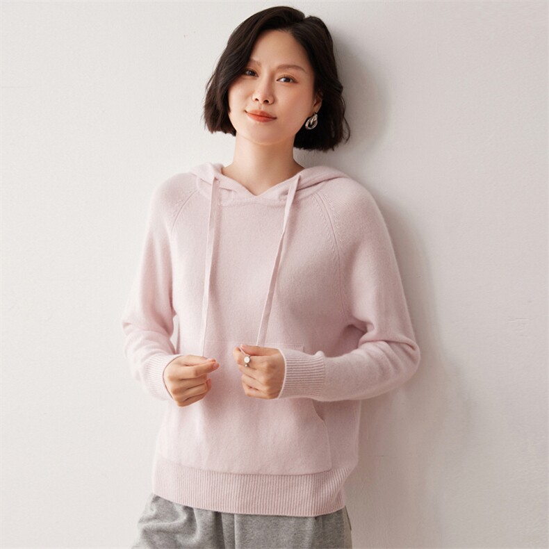 秋冬新款洋气时尚百搭显瘦女款35%山羊绒帽衫,女装羊绒衫,艾巧羊绒