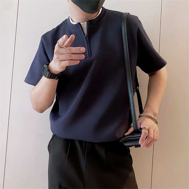 8972/P58控78夏季小伙假两件半拉链短袖T恤男轻奢老钱风上衣藏青2,男装T恤,星座305B