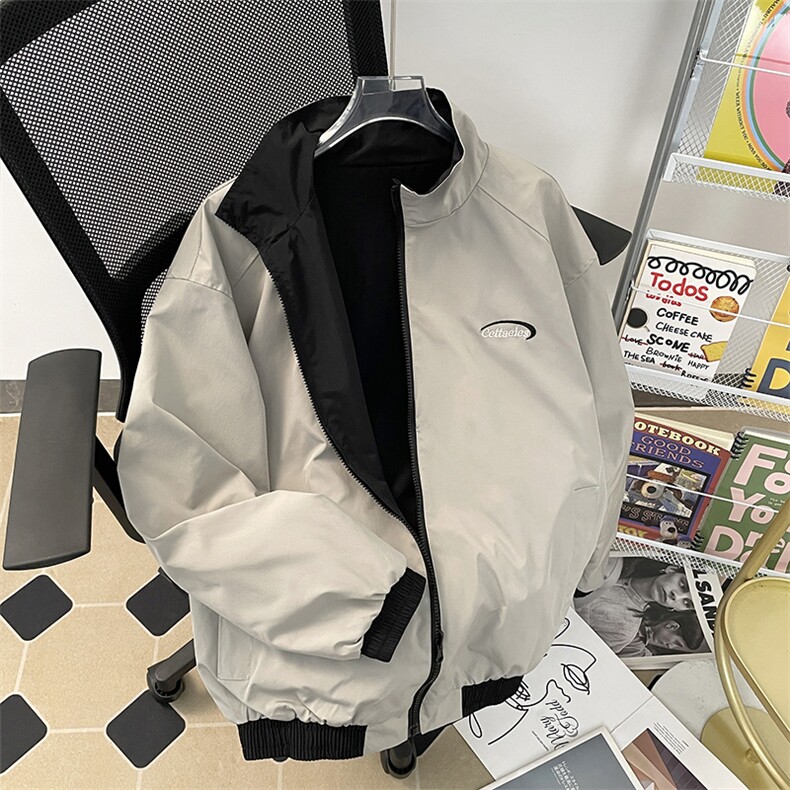 秋季夹克长袖方领立领宽松双面穿三条杠外套男潮新款JK323p70,男装夹克,电商D315