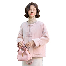 新中式风唐装高级感超粉色可双面穿丝绒外套女冬季轻薄羽绒服，女装羽绒服，韩蜜菓