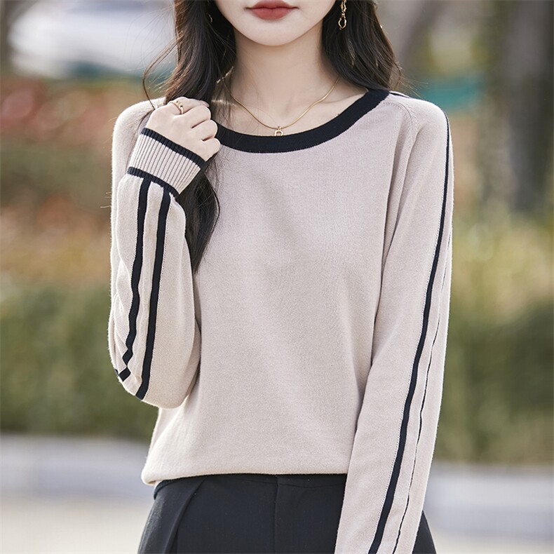 圆领纯棉毛衣打底衫女2025新款春秋季女士棉线保暖宽松拼色针织衫,针织衫/毛衣,斯美雅电商供货