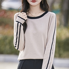 圆领纯棉毛衣打底衫女2025新款春秋季女士棉线保暖宽松拼色针织衫，女装针织衫/毛衣，斯美雅电商供货