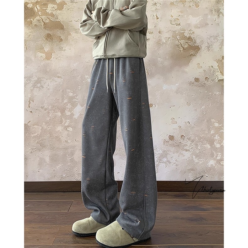 V37潮牌复古撞色破洞休闲裤男秋季青少年高级感垂感显瘦运动裤子，女装休闲裤，星座506A