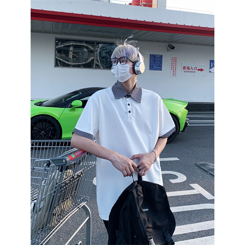 胖胖哥港风潮流复古拼接百搭polo衫短袖t恤男夏季大码宽松上衣,男装T恤,电商A007