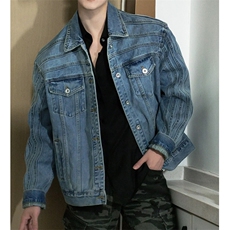 高街美式复古水洗做旧牛仔外套2026春秋新款宽松中长款夹克上衣，男装工装外套，星座601-1