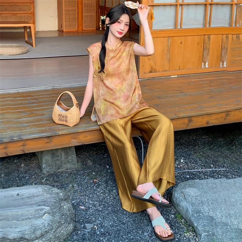 2026新中式g风套装女夏季新款高级感显瘦马甲阔腿裤流行两件套,女装套装/套裙,超帛