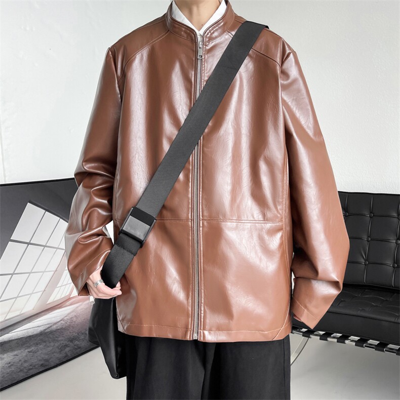 秋季皮衣男立领男士夹克潮纯色青年外套休闲A266-PY005-P65，男装皮衣，电商A266