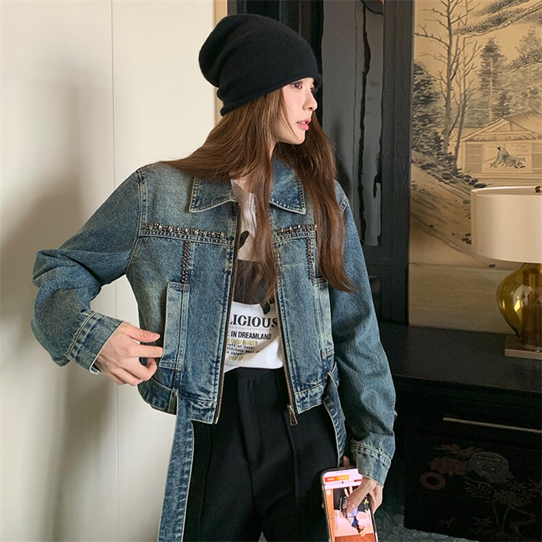 港味酷飒风男友控牛仔夹克女春秋新款韩版小个子美式显瘦短款外套,女装牛仔外套,纯色衣恋