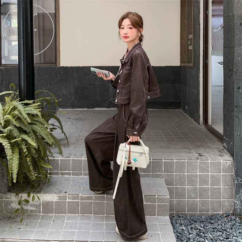 咖色工装外套阔腿裤两件套女秋季韩里韩气巨好看高级感chic一整套,女装套装/套裙,2C305