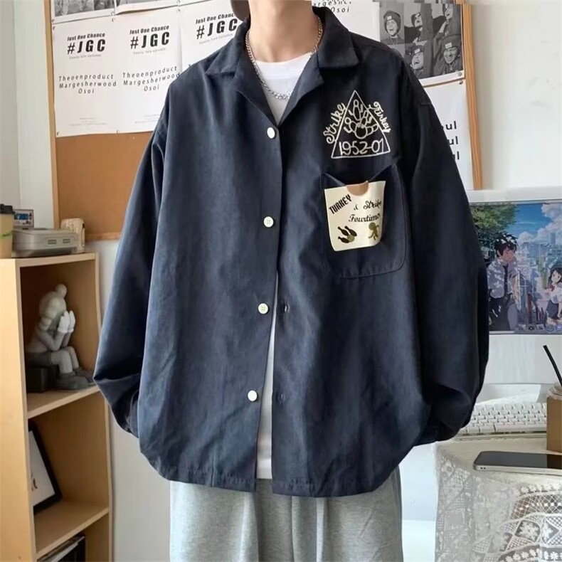 美式复古刺绣长袖衬衫男2023春季宽松休闲百搭工装上衣W6934-P33,男装衬衫,星座512-2