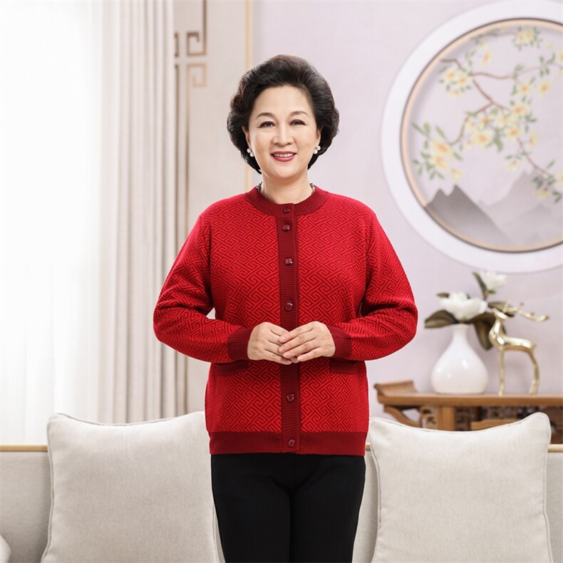 中老年女装羊毛外套秋冬保暖舒适优雅长袖开衫弹力袖口设计百搭,女装中老年女装,思涛羊绒