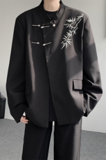 新中式刺绣西服外套大码风立领金属扣垫肩夹克中山装LX001特P85，男装夹克，电商B215