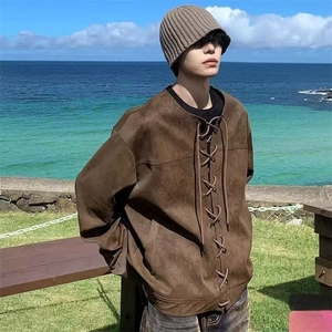 秋冬装外穿抽绳皮衣对襟后背飞片复古个性宽松别致外套 JK669图片