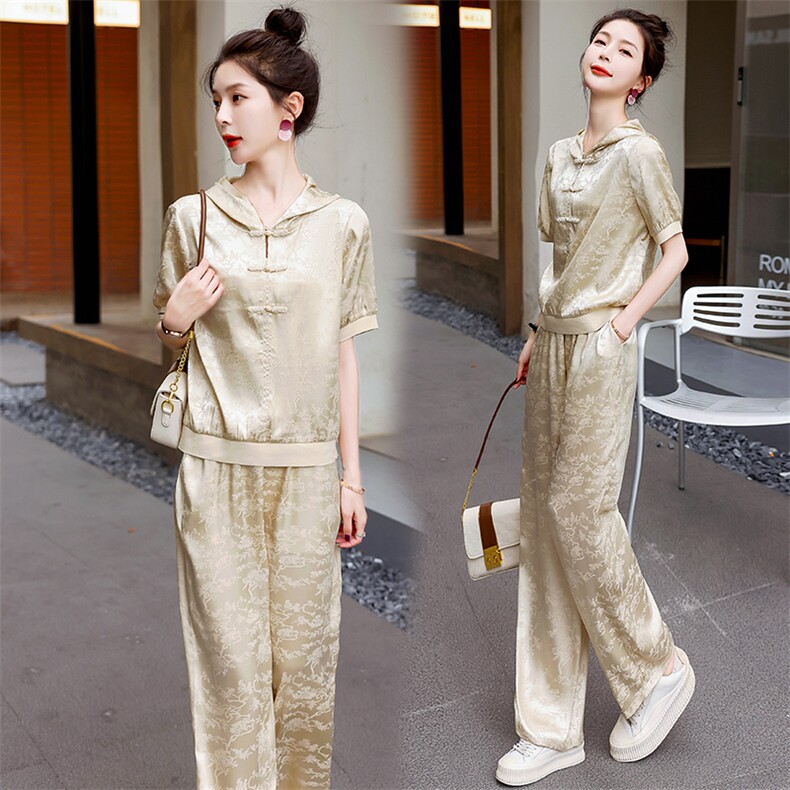 新中式盘扣时尚休闲套装女2025夏季新款提花短袖卫衣直筒裤两件套，女装套装/套裙，奕薇雅