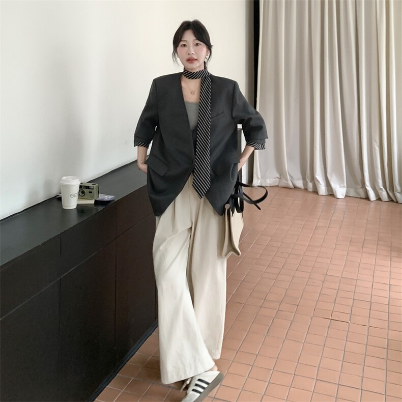 210-3278-P155-K228高级松弛感休闲条纹飘带西装外套2025年秋季,女装西装,韩蜜菓