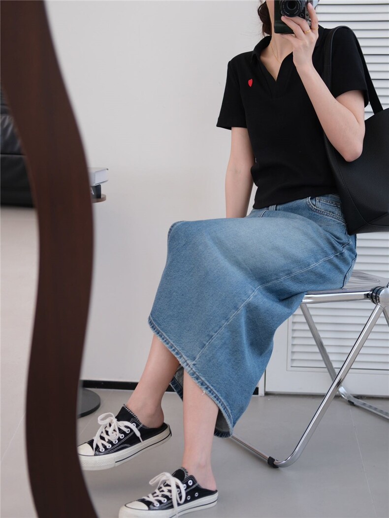 2025爱心针织t恤女2025夏款设计感polo领法式短袖,女装T恤,湘姗