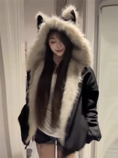 网图座山雕秋冬季连帽猫耳朵棉衣男女情侣装棉服外套潮流特P99，男装棉衣，电商C306-1