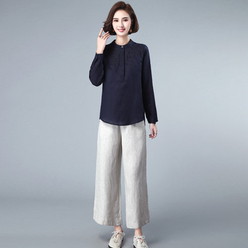 20223春装新款休闲棉麻绣花上衣阔腿裤两件套女生套装，女装大码女装，木子恋