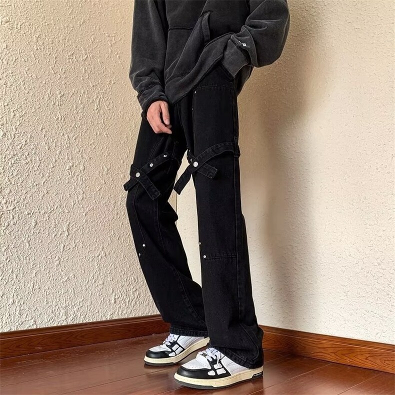 美式机能铆钉工装牛仔裤男女街头高街风纽扣设计直筒休闲裤NZ631,男装牛仔裤,星座516A