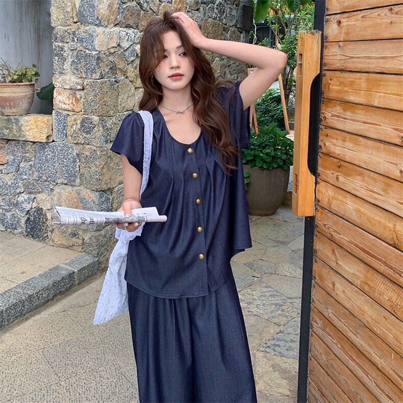 时尚高级感短袖轻薄套装女2025夏季新款气质休闲简约阔腿裤两件套,女装套装/套裙,幸运星